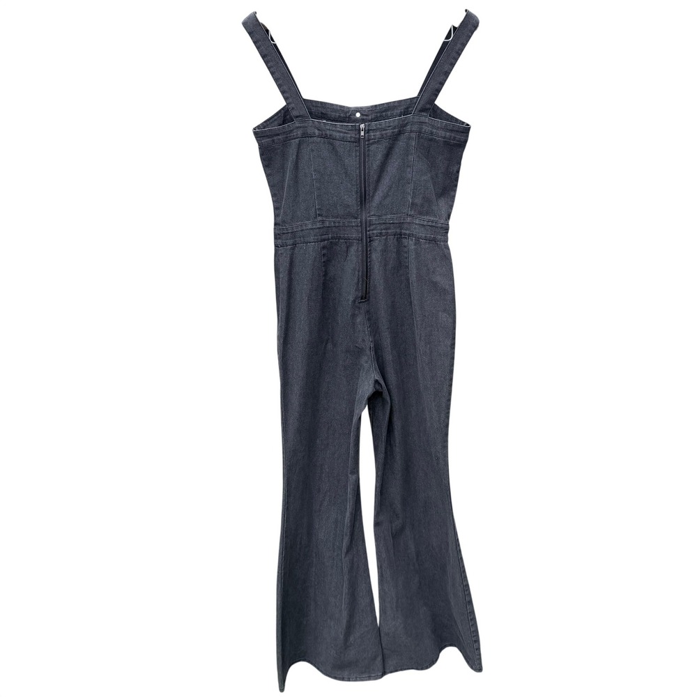 Jealous Tomato Denim Jumpsuit Womens L Black Flare Leg Button Front Retro Casual - Picture 3 of 13